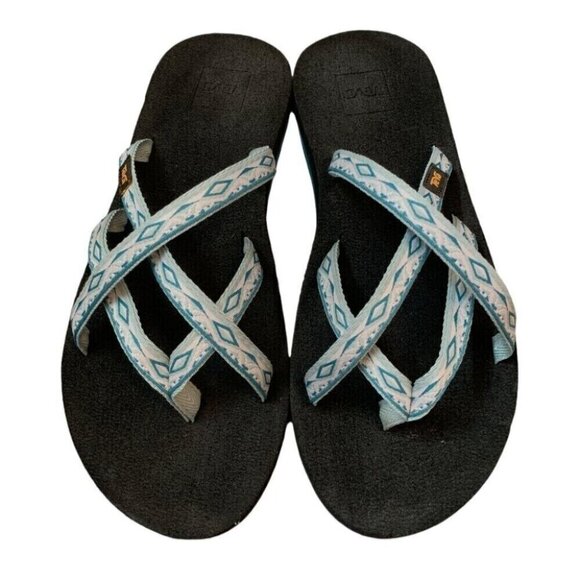 Teva olowahu Sandals Womens 8 Teal Blue Black Flip Flips Shoes Patterned - Picture 1 of 7